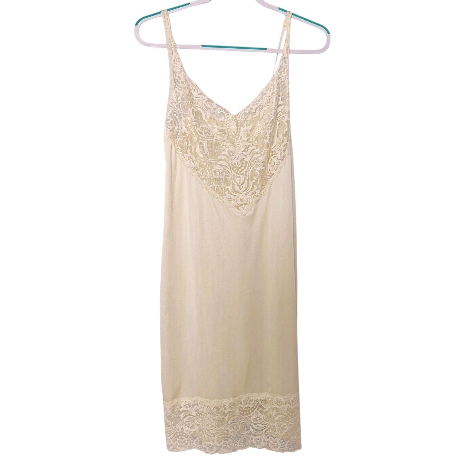Vintage Lace Slip Dress Vanity Fair 36 Nylon Ivory Nude Floral Sheer Lingerie